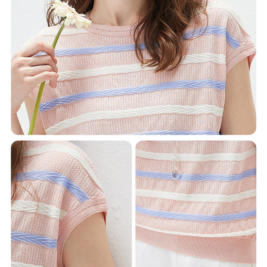 COMOBOCA Women's Striped Knit Cap Sleeve T-Shirt