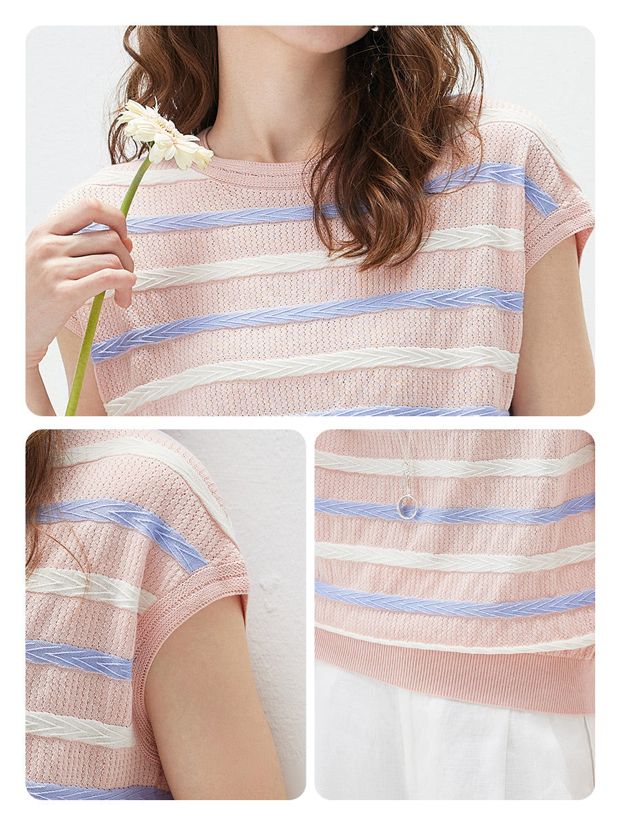 COMOBOCA Women's Striped Knit Cap Sleeve T-Shirt