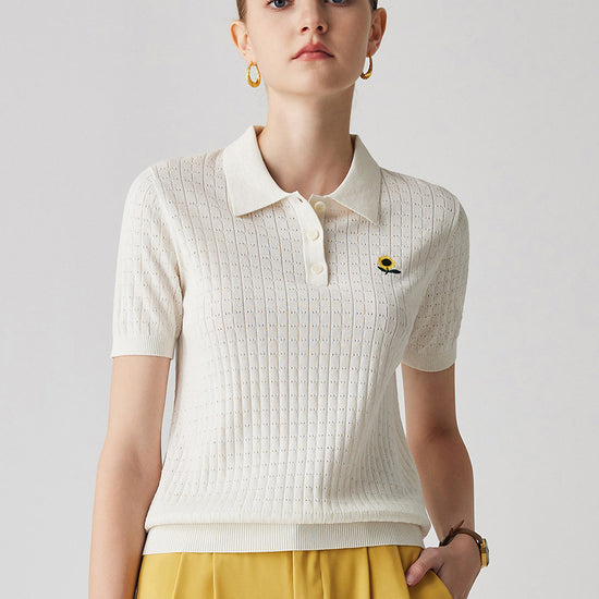 COMOBOCA White Women's Classic Cotton Silk Polo Knit T-Shirt