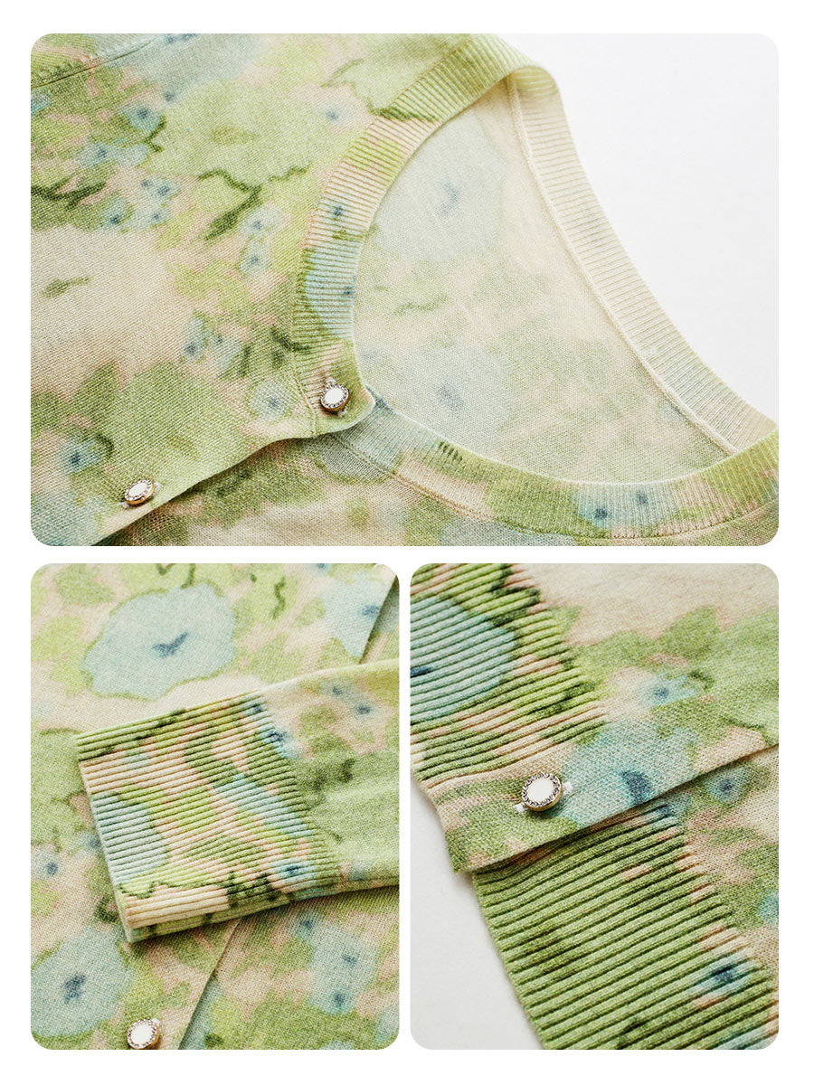 COMOBOCA Women's Watercolor Floral Print Knit Cardigan