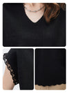 Women’s V-Neck Silk-Cotton Jacquard Knit Short Sleeve T-Shirt