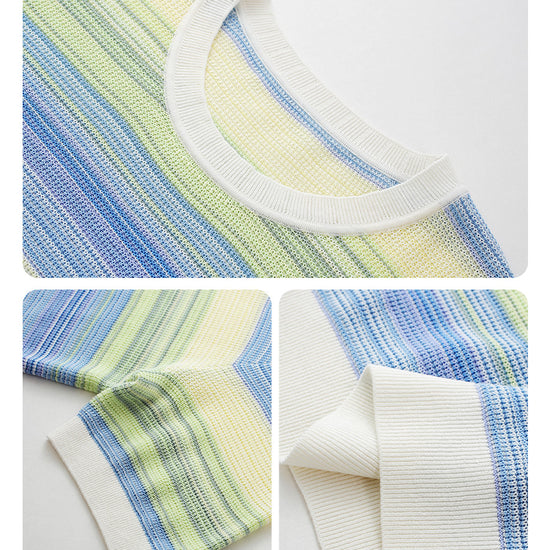 COMOBOCA Women's Gradient Stripe Openwork Knit T-Shirt