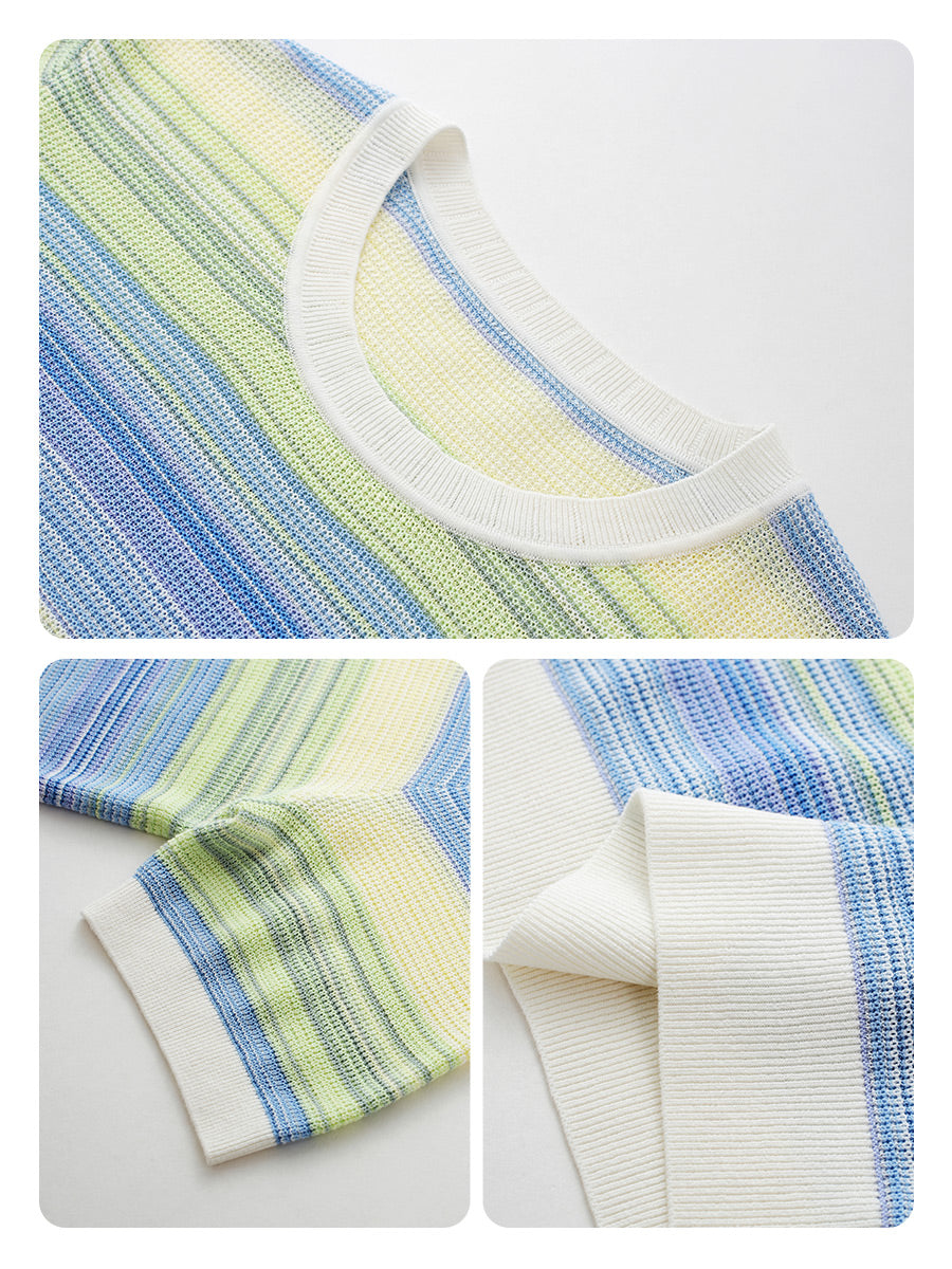 COMOBOCA Women's Gradient Stripe Openwork Knit T-Shirt