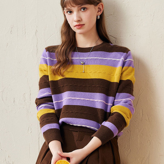 COMOBOCA 100% Wool Women's Cozy Striped Knit Sweater
