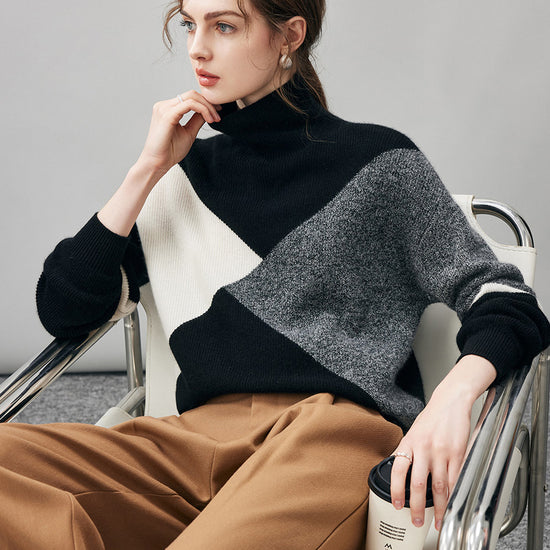 COMOBOCA 100% Cashmere Women's Geometric Turtleneck Sweater