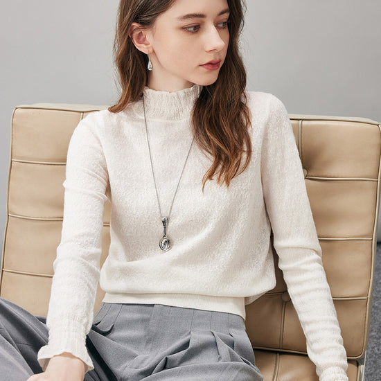 COMOBOCA 100% Wool Women's Ruffled Mock Neck Knit Sweater