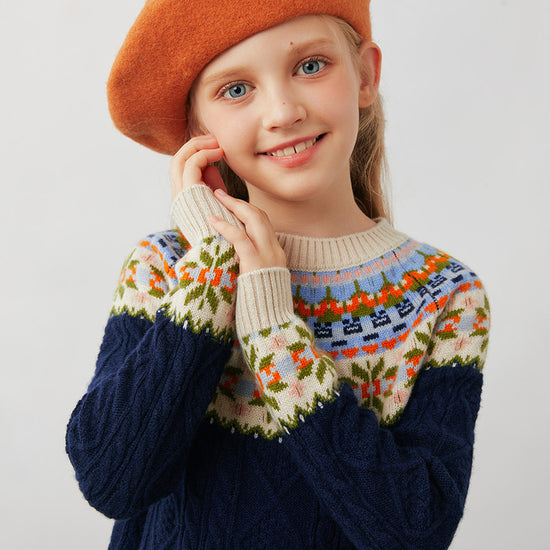 COMOBOCA 100% Wool Kids' Cable Fair Isle Round Neck Sweater