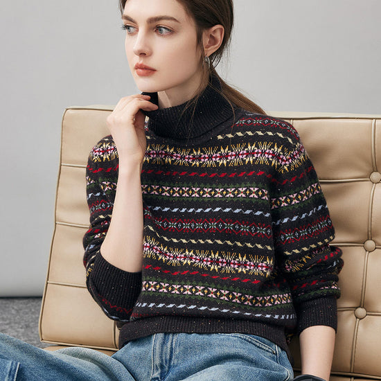 COMOBOCA 100% Cashmere Women's Fair Isle Turtleneck Sweater