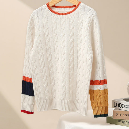 COMOBOCA 100% Wool Kids' Cable Knit Sweater with Color Block Detail