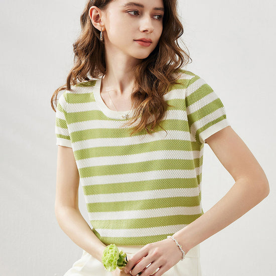 COMOBOCA Women's Striped Ribbed Knit T-Shirt