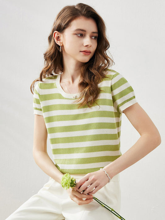 COMOBOCA Women's Striped Ribbed Knit T-Shirt