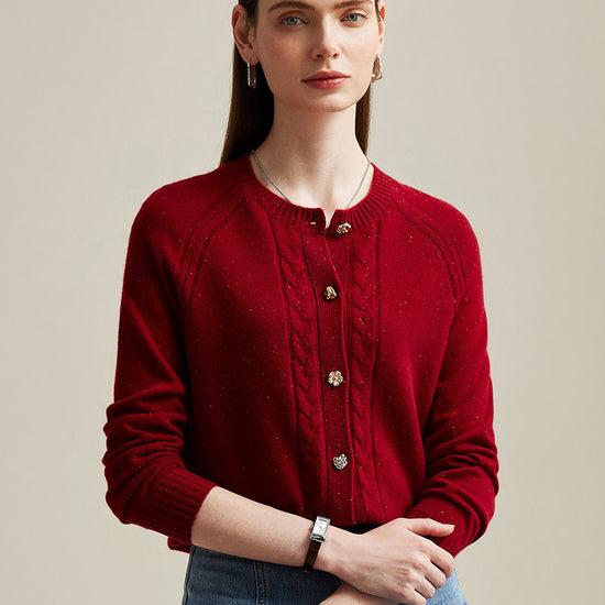 COMOBOCA Red 100% Cashmere Women's Cable Button Knit Cardigan