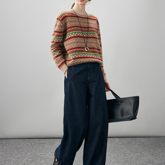 COMOBOCA 100% Cashmere Women's Fair Isle Round Neck Sweater