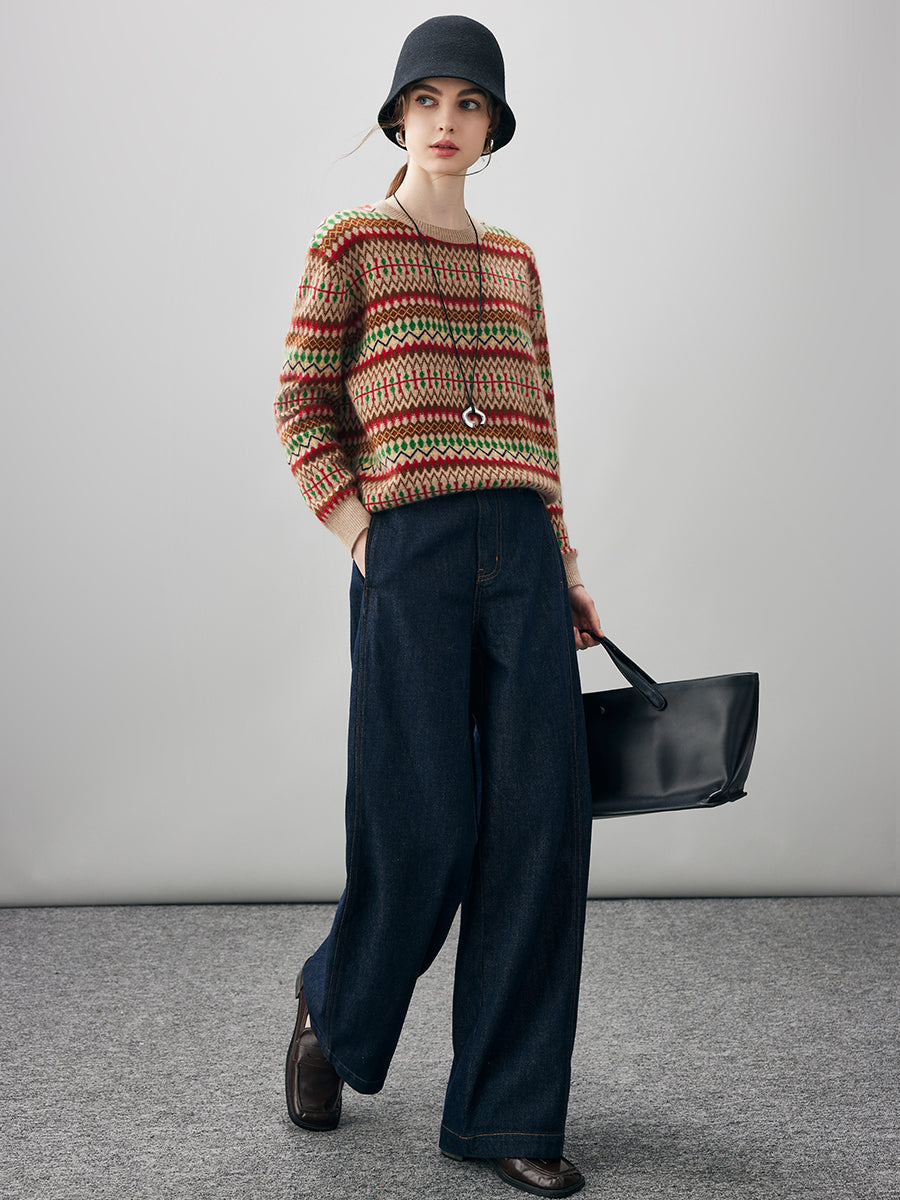 COMOBOCA 100% Cashmere Women's Fair Isle Round Neck Sweater