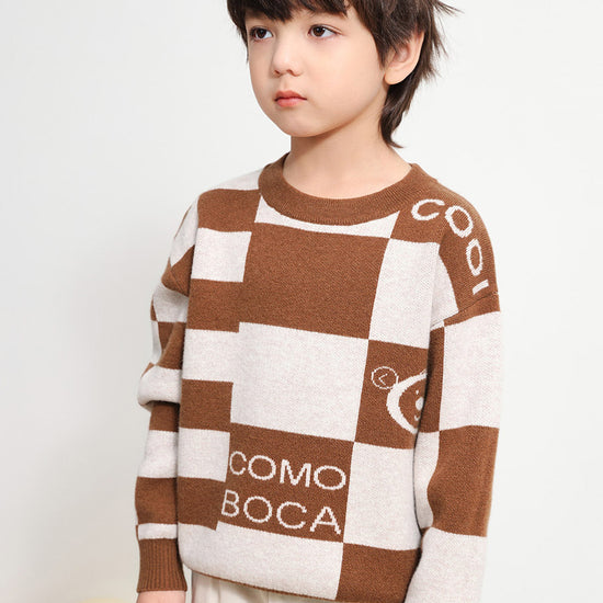 COMOBOCA 100% Wool Kids' Color Block Round Neck Sweater