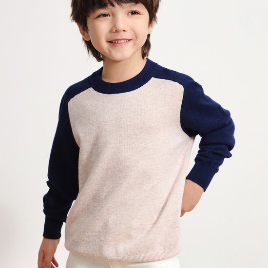 COMOBOCA NAVY BLUE 100% Wool Kids' Round Neck Color Block Sweater