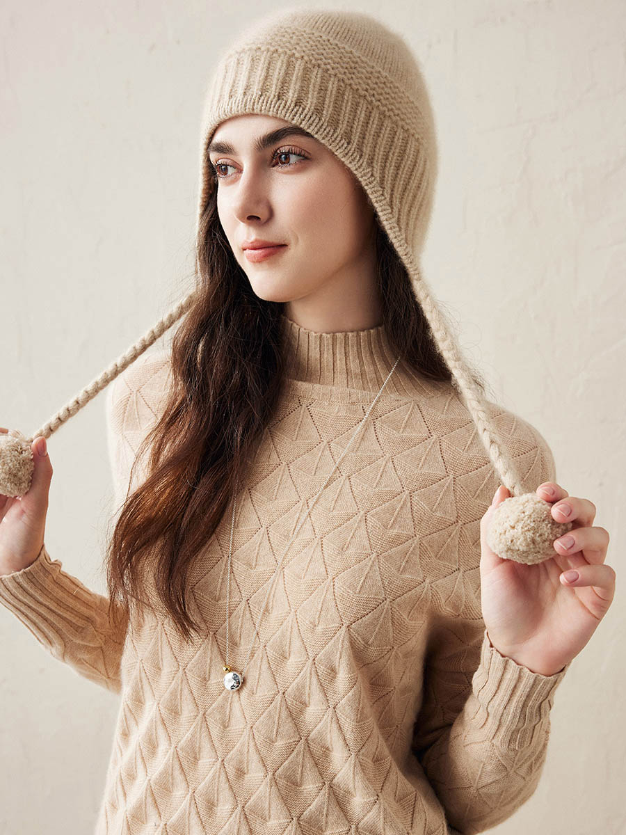 COMOBOCA 100% Cashmere Women's Ear Flap Beanie with Pom-Poms