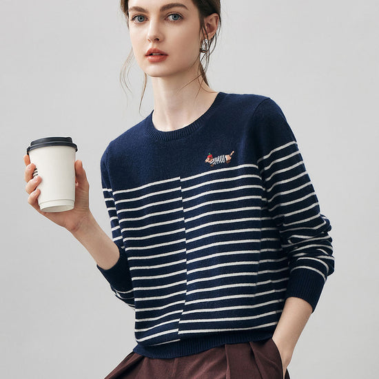 COMOBOCA 100% Cashmere Women's Striped Round Neck Sweater