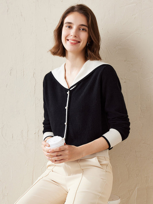 COMOBOCA 100% Cashmere Women's Sailor Collar Faux Cardigan