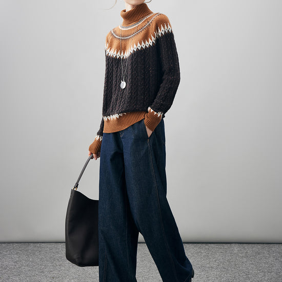 COMOBOCA 100% Cashmere Women's Cable Fair Isle Turtleneck Sweater
