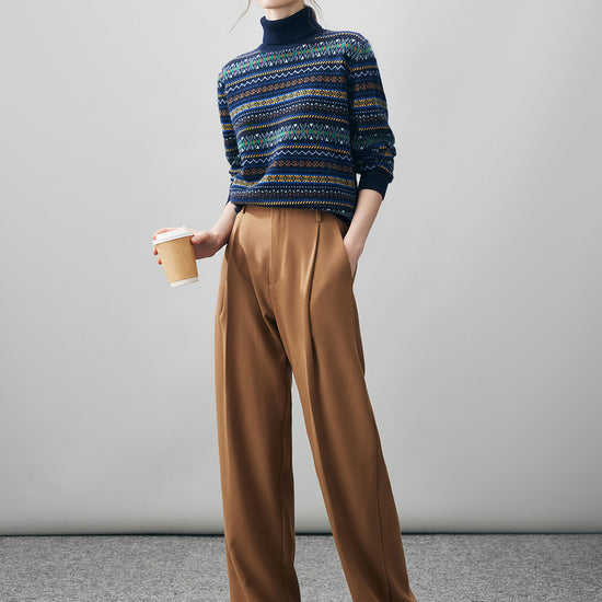 COMOBOCA 100% Cashmere Women's Fair Isle Turtleneck Sweater