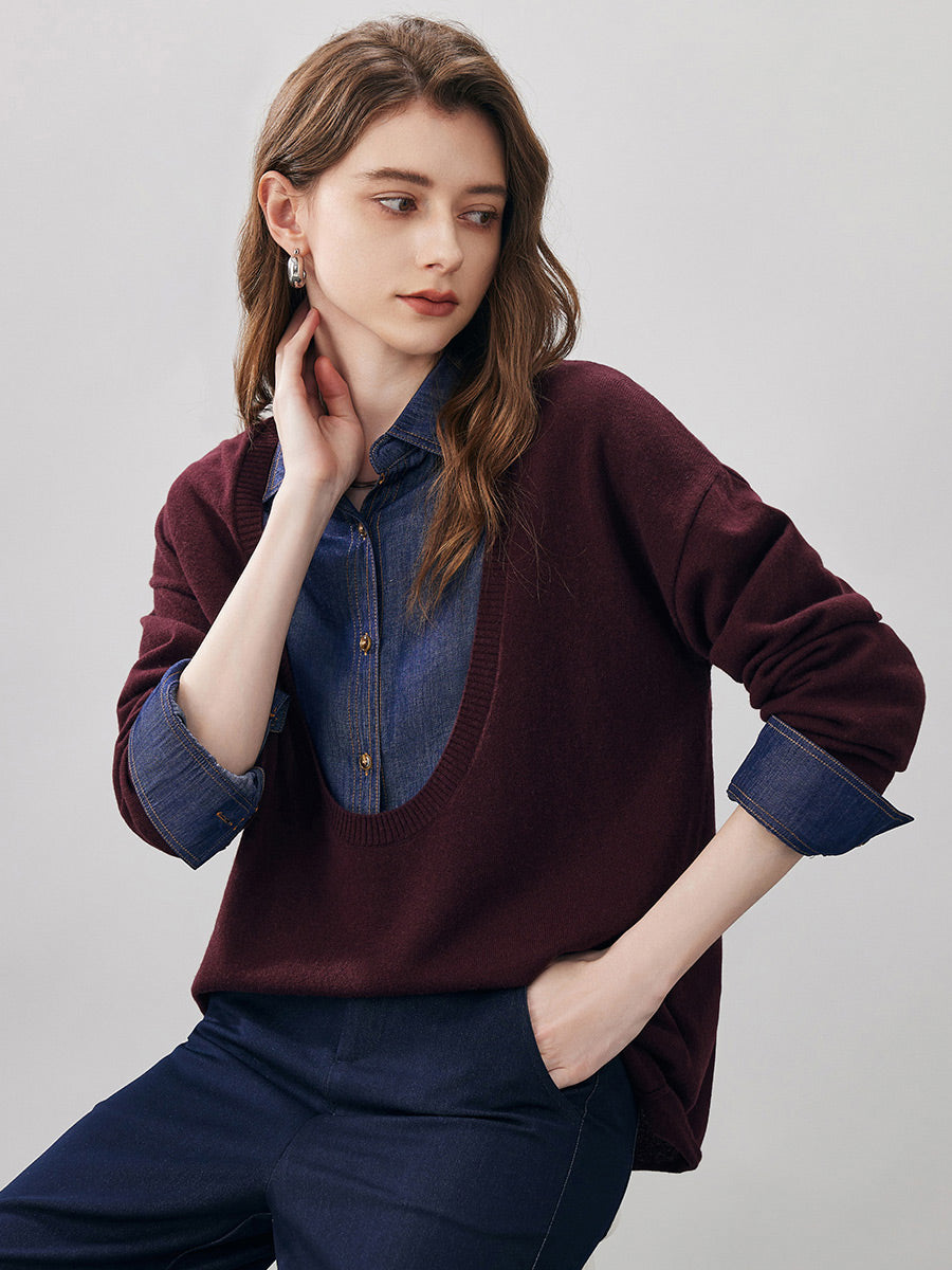 COMOBOCA 100% Wool Women's Oversized U-Neck Sweater