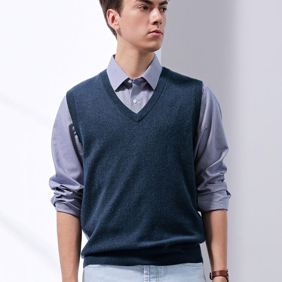 COMOBOCA DARK BLUE 100% Cashmere Men's V-Neck Vest
