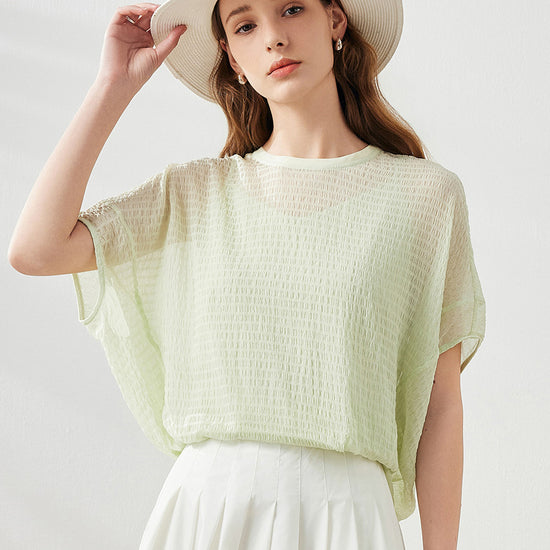 COMOBOCA Light Green Women's Crinkle Textured Blouse with Button Closure