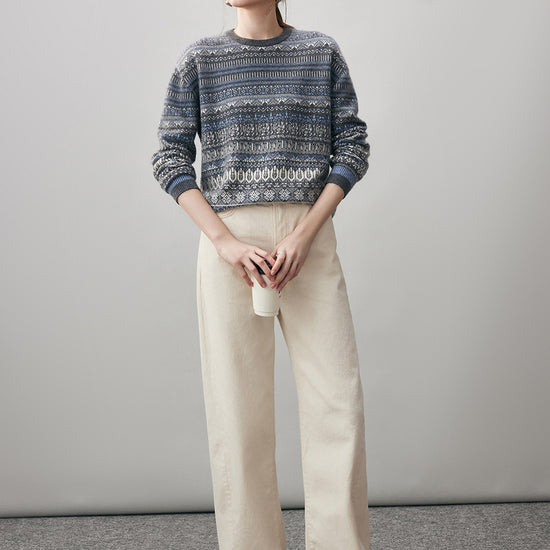 COMOBOCA 100% Cashmere Women's Fair Isle Round Neck Sweater