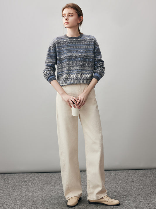 COMOBOCA 100% Cashmere Women's Fair Isle Round Neck Sweater