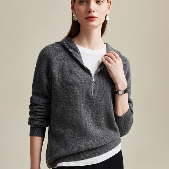 COMOBOCA 100% Cashmere Women's Zip-Up Ribbed Hoodie