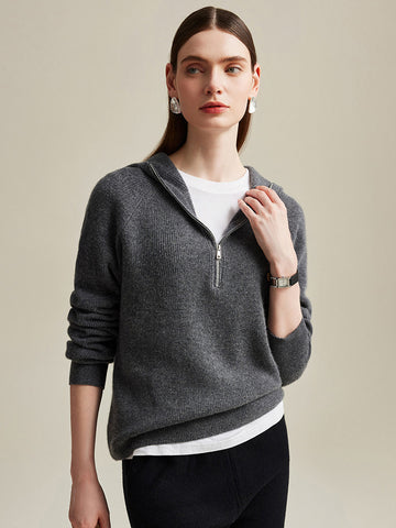COMOBOCA 100% Cashmere Women's Zip-Up Ribbed Hoodie