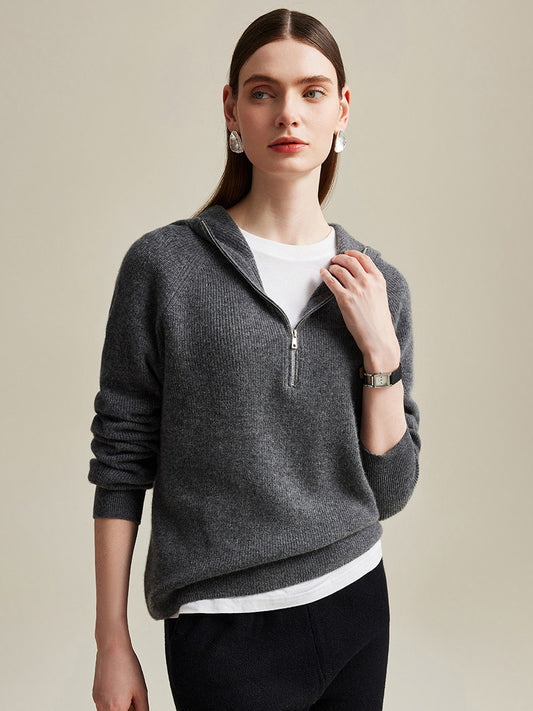 COMOBOCA 100% Cashmere Women's Zip-Up Ribbed Hoodie
