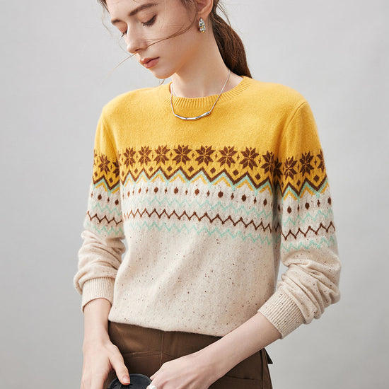 COMOBOCA 100% Cashmere Women's Fair Isle Round Neck Knit Sweater