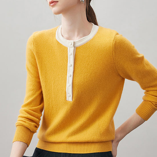 COMOBOCA M Yellow 100% Cashmere Women's Contrast Trim Button Front Sweater