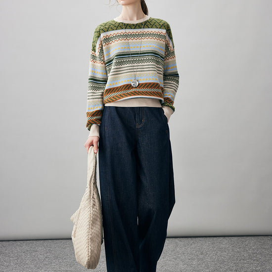 COMOBOCA 100% Cashmere Women's Fair Isle Round Neck Sweater