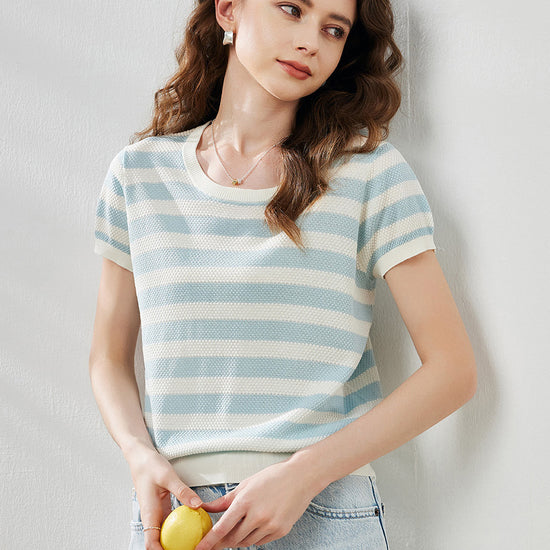 COMOBOCA Women's Striped Ribbed Knit T-Shirt
