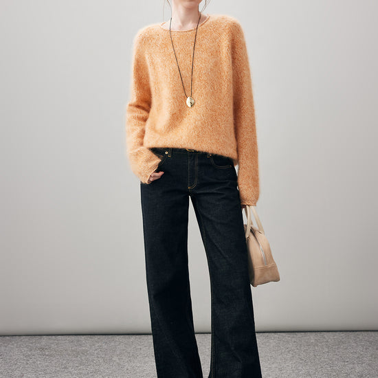 COMOBOCA 100% Wool Women's Fuzzy Round Neck Sweater