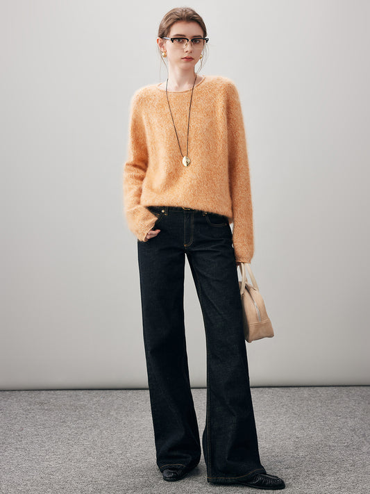 COMOBOCA 100% Wool Women's Fuzzy Round Neck Sweater