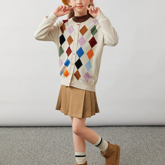 COMOBOCA 100% Wool Kids' Colorful Buttons Argyle Cardigan