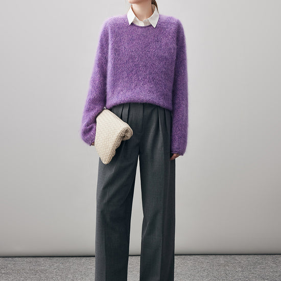 COMOBOCA 100% Wool Women's Fuzzy Round Neck Sweater