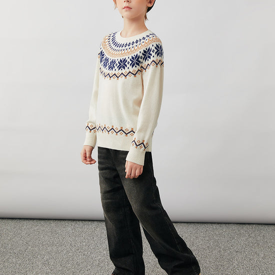 COMOBOCA 100% Wool Kids' Fair Isle Snowflake Round Neck Sweater