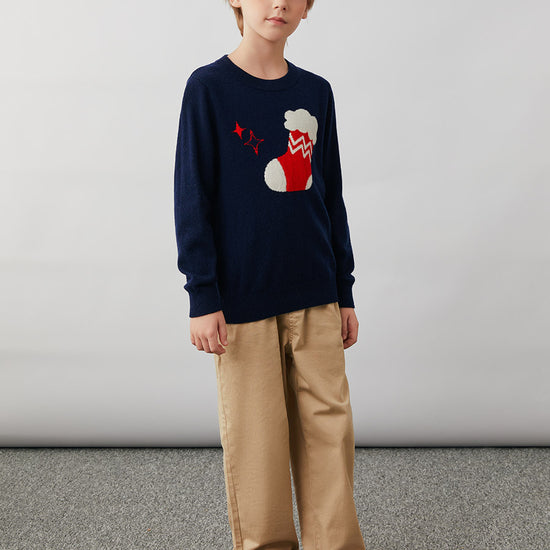 COMOBOCA 100% Wool Kids' Christmas Stocking Round Neck Sweater
