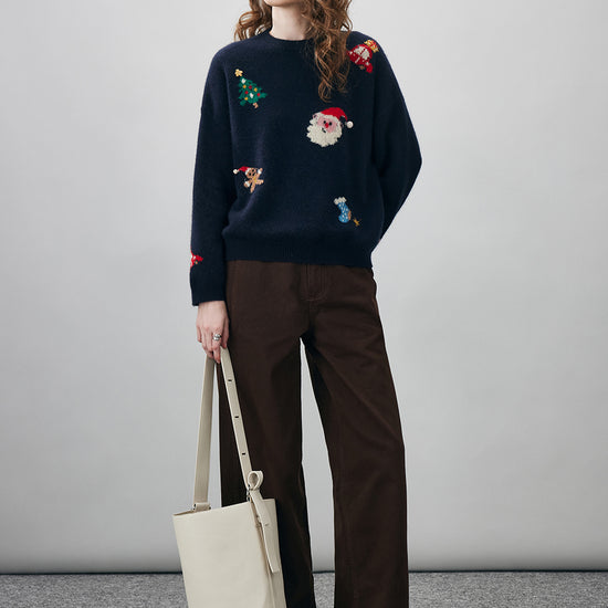 COMOBOCA Women's Wool Christmas Themed Round Neck Sweater