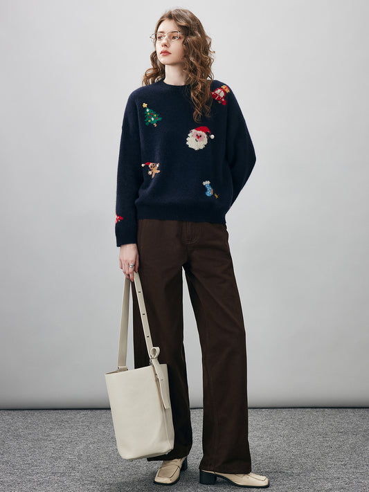 COMOBOCA Women's Wool Christmas Themed Round Neck Sweater