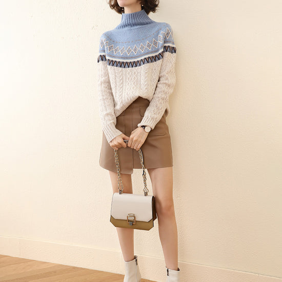 COMOBOCA 100% Cashmere Women's Mock Neck Fair Isle Cable Knit Sweater