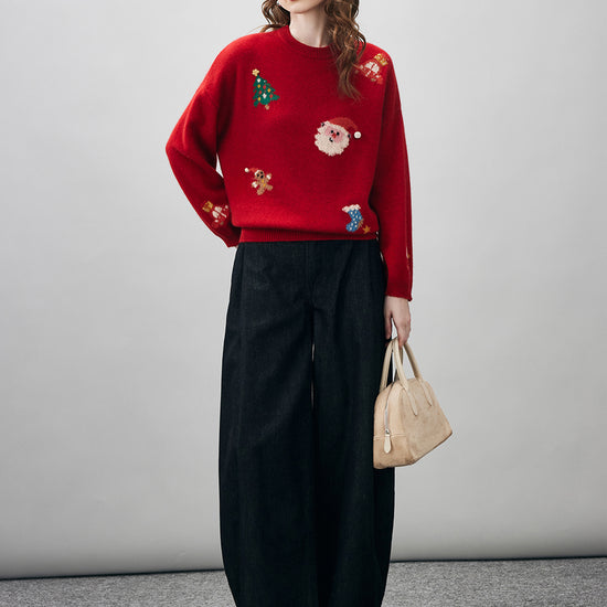 COMOBOCA Women's Wool Christmas Themed Round Neck Sweater