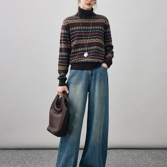 COMOBOCA 100% Cashmere Women's Fair Isle Turtleneck Sweater