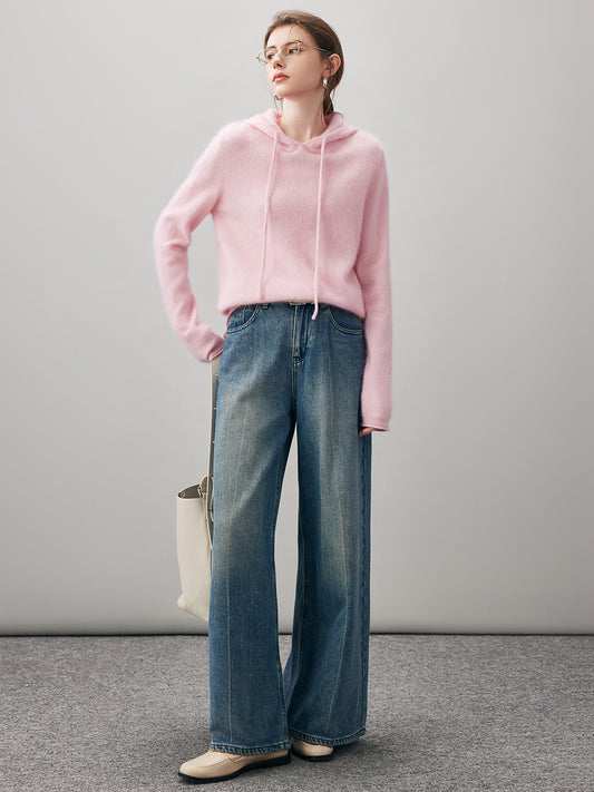 COMOBOCA Women's Wool Fuzzy Hooded Sweater