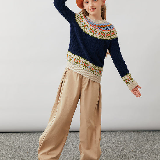 COMOBOCA 100% Wool Kids' Cable Fair Isle Round Neck Sweater